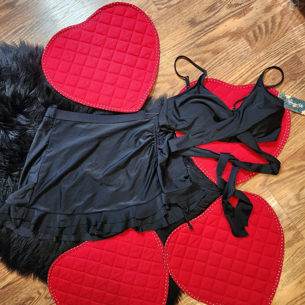 Black Bikini Set High Waisted Ruffle Swim Skirt And Crossover Push Up Tie Top M - Picture 4 of 13